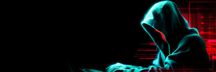hacker in dark background, horizontal layout banner with copy space, generative ai