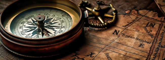 Fototapeta na wymiar antique compass in map background, in horizontal layout banner with copy space, generative ai