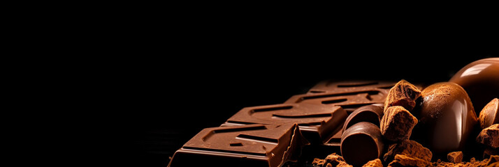 chocolate in dark background, horizontal layout banner with copy space, generative ai