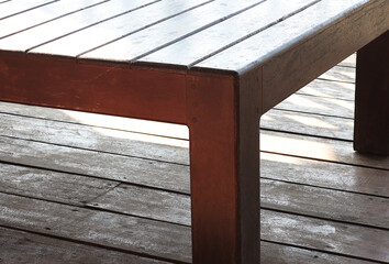 Wood table set in thai style house. 
empty table made from wood on a wooden floor. Ancient Thai style furniture. 