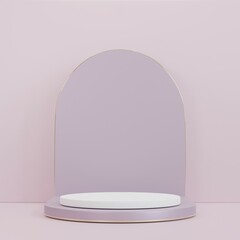 pink and white cylinder pedestal podium with arch shape backdrop. abstract pastel pink color. 3d rendering