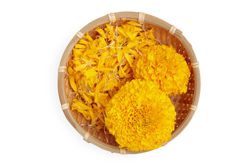 petals of fresh marigold and yellow marigold flowers on basket isolated on white background with clipping path. Top view. 
