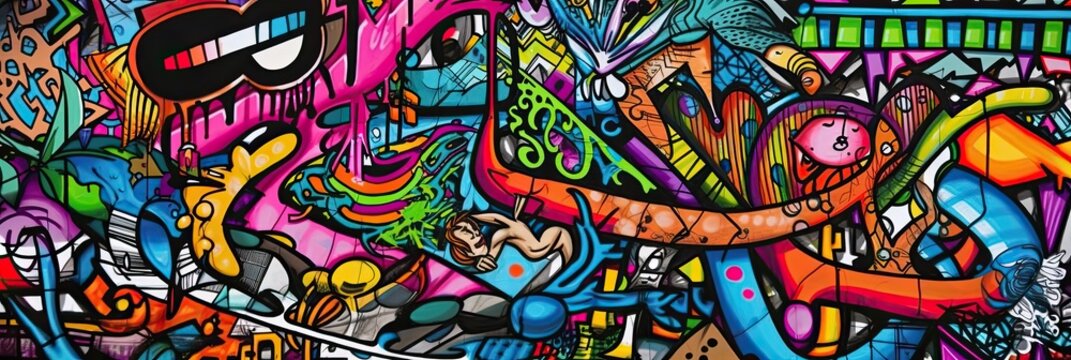 Fototapeta Vibrant colors come alive in this street art mural, expressing the artists creativity through a mix of text and graffiti. Full Frame, Generative AI