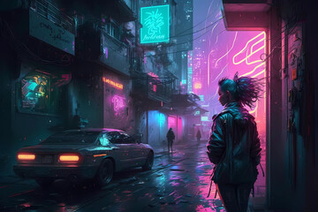 Cyberpunk girl in neon futuristic city. Cyber punk game concept. Digital fantasy art. Technology and fashion. Generated by artificial intelligence