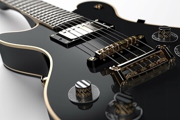 Fototapeta na wymiar sleek black electric guitar with a shimmering gold neck and strings. Generative AI