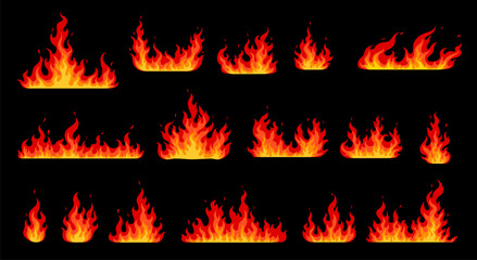 Cartoon fire flames, bonfire and burning firewall, vector icons. Wildfire red hot flames of campfire or furnace hearth burning and torch light blaze, fireball symbols and burning firewall effect © Vector Tradition