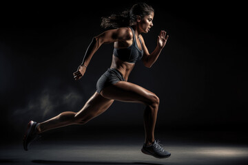 Epic Fitness Action Shot: Beautiful Fit Active Athletic Brunette Woman Sprinting. Diverse Woman of Colour Female Athlete Running Sprints and Training Cardio. Generative AI - obrazy, fototapety, plakaty