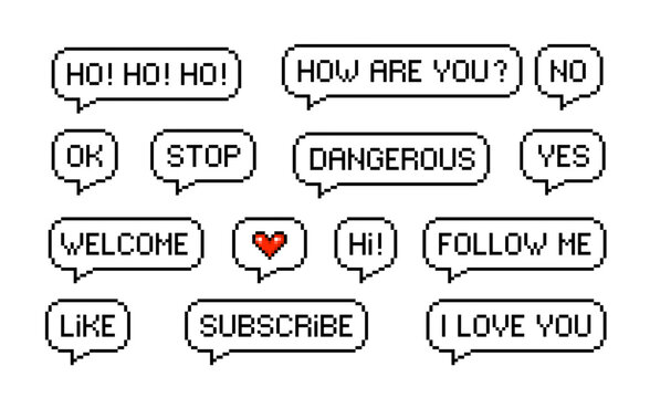 Pixel speech bubble messages, like subscribe and follow, vector game talk text. 8 bit pixel art chat or speech bubble message icons, retro pixel dialog clouds and conversation text with Hi and welcome