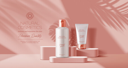 Pink or coral podium with palm leaves and cosmetics mockup. Luxury cosmetics package presentation mockup on pedestal or podium, skincare lotion or cream container showcase realistic vector template