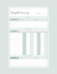 Weight Training Planner. Plan you food day easily. Vector illustration.
