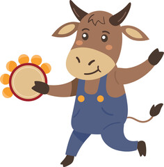 Cheerful cow with tambourine