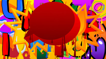 Red Speech Bubble Graffiti on multicolored Background. Abstract colorful modern dirty street art decoration performed in urban painting style.