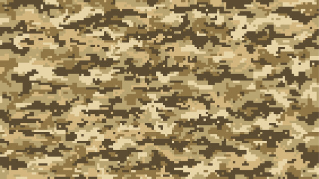 Brown sand, pixel military camouflage pattern or khaki background, vector army camo. Mosaic digital pixel camouflage pattern of desert brown sand for soldier ammunition or military uniform print