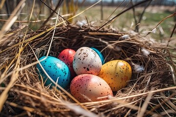 Naklejka na ściany i meble birds nest with eggs on dry grass. Generative AI