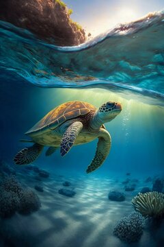Turtle in ocean underwater. Generative AI