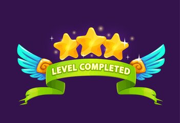 Obraz premium Game level complete badge or icon. Vector ui or gui interface element, gold reward popup stars with blue wings and green banner. Award bonus for mobile app, video or online game successful competition