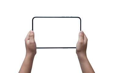 Hands of a child holding a tablet on a transparent background png - Powered by Adobe