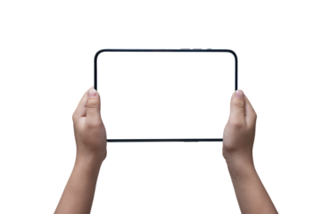 Hands of a child holding a tablet on a transparent background png