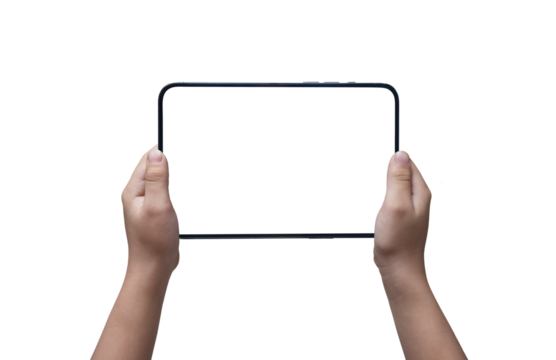 Hands of a child holding a tablet on a transparent background png