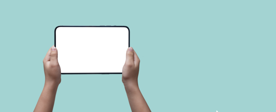 Hands of a child holding a tablet on a blue background and transparent screen png