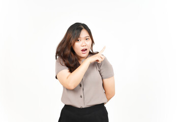 Fototapeta premium Showing Product and Pointing Side using forefinger Of Beautiful Asian Woman Isolated On White