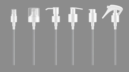 Pump droppers, isolated vector 3d bottle or cosmetic container spray caps mockup. White plastic pumps for lotion, shampoo or atomizer sprayer and liquid soap dispenser lid with trigger and nozzle