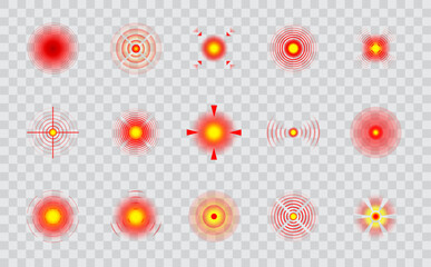 Pain points. Muscle, throat and chronic headache symbol, body damage or trauma red marker or vector sign. Spine, tooth or menstrual pain, joint inflammation, migraine localization spot icon set