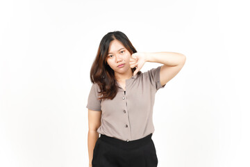 Obraz premium Showing Thumbs Down Of Beautiful Asian Woman Isolated On White Background