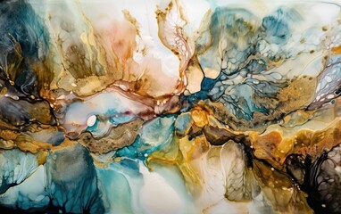 Naklejka premium Incredible watercolour / metallic paint / flowing paint abstract background texture. Generative AI. Vibrant, beautiful colour, with metallic gold foil paint. Very High Res.