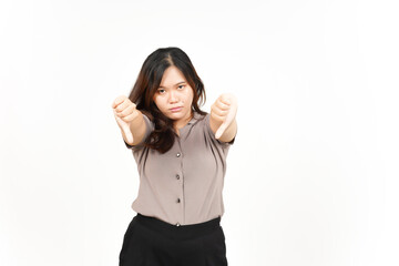 Showing Thumbs Down Of Beautiful Asian Woman Isolated On White Background