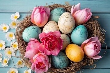 Fototapeta na wymiar spring-themed basket filled with colorful eggs and flowers on a vibrant blue table. Generative AI