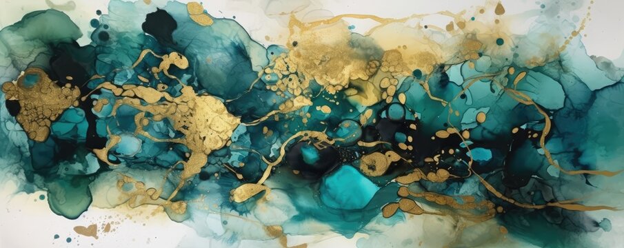 Blue, Incredible watercolour / metallic paint / flowing paint abstract background texture. Generative AI. Vibrant, beautiful colour, with metallic gold foil paint. Very High Res.