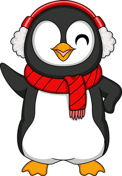 Cute penguin cartoon with earmuffs and scarf