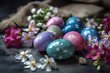 colorful Easter eggs arranged on a table. Generative AI