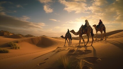 Fototapeta na wymiar camel on a sand dune in the desert at sunset. Created with generative AI.