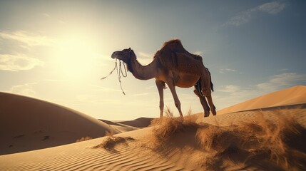 camel on a sand dune in the desert at sunset. Created with generative AI.