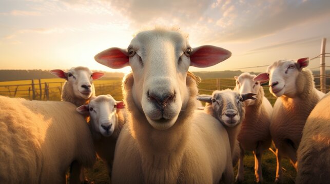 A group of sheep taking a selfie. Created with generative AI.	

