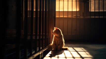 Sad animal shelter cat behind bars in a cage. Created with generative AI.	
 - obrazy, fototapety, plakaty