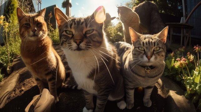 A group of cats taking a selfie. Created with generative AI.	
