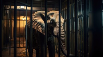Sad animal shelter elephant behind bars in a cage. Created with generative AI.	
