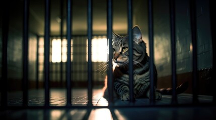 Sad animal shelter cat behind bars in a cage. Created with generative AI.	
