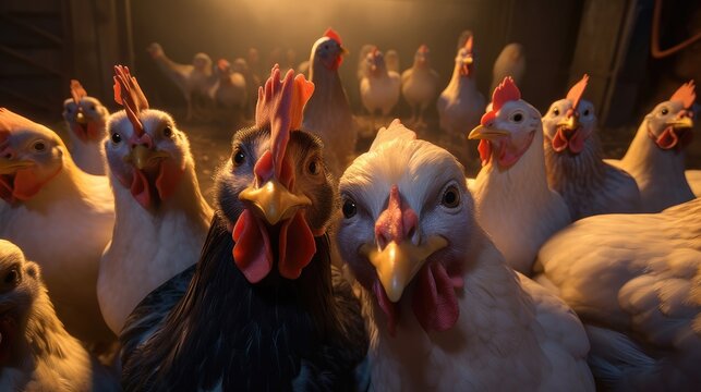 A group of chickens taking a selfie. Created with Generative AI.