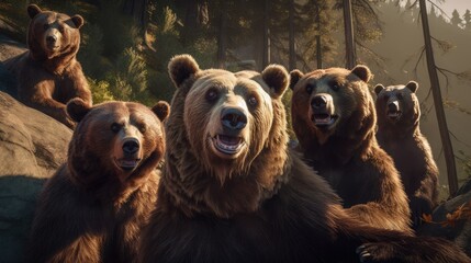 A group of bears taking a selfie.  Created with Generative AI.