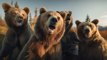 A group of bears taking a selfie.  Created with Generative AI.