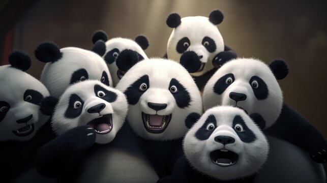 A group of panda bears taking a selfie. Created with Generative AI.