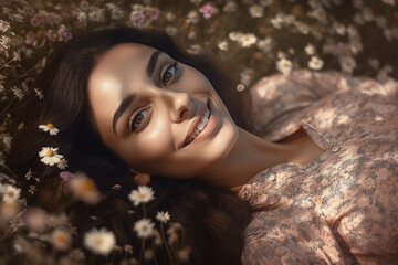 Beautiful portrait photo of a brunette woman lying in a flower field smiling
