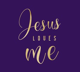 Elegant Christian card with the phrase Jesus loves me – Cute golden text design on a purple background