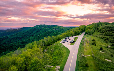 Aerial view of Thunder Hill Overlook on Blue Ridge Parkway at sunset.