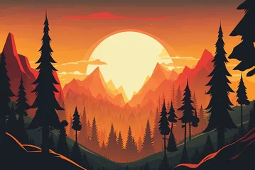 Vlies Fototapete Orange Stunning view of the setting sun over the mountains and forest Generative AI