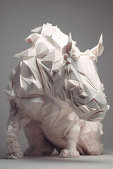 White background, hyper sharp 3D rhino, paper origami, pastel colours